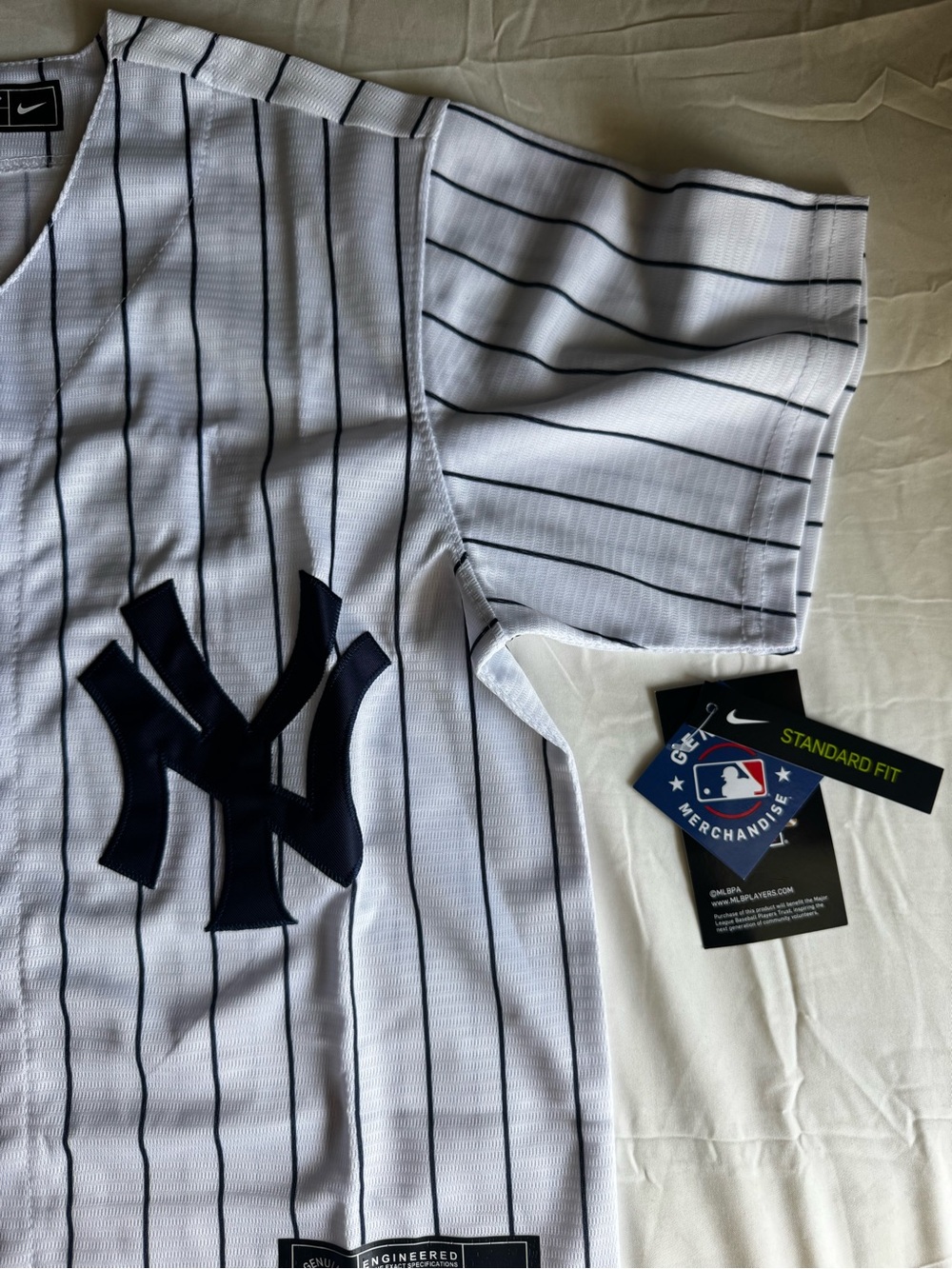 Nike New York Yankees White Pinstripe Jersey with Navy Logo